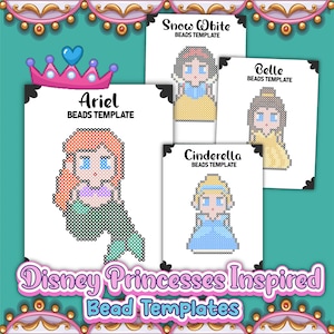 Può includere: Quattro modelli di perline stampabili con principesse Disney: Ariel, Biancaneve, Belle e Cenerentola. Ogni modello include il nome della principessa e il testo "Beads Template".