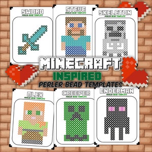 May include: Printable Minecraft inspired Perler bead templates featuring characters like Steve, Alex, Creeper, Enderman, Skeleton, and a sword.