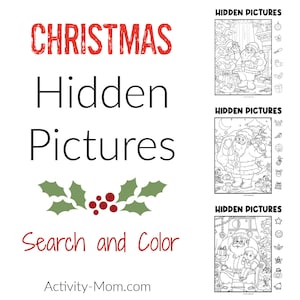 Może przedstawiać: Drukowana kartka z aktywnością świąteczną zatytułowana "Christmas Hidden Pictures Search and Color" i adresem strony internetowej "Activity-Mom.com". Kartka zawiera trzy zagadki z ukrytymi obrazkami ze Świętym Mikołajem i innymi świątecznymi przedmiotami.