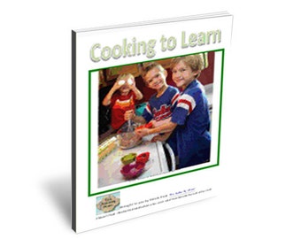 May include: Two children are baking together. One child is wearing a red shirt and the other is wearing a blue shirt. They are both smiling and holding mixing bowls. The book cover says "Cooking to Learn".