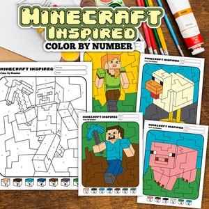 May include: Four printable Minecraft-themed color by number activity sheets. Each sheet features a different character or creature from the popular video game, including a pig, a chicken, a character holding a pickaxe, and a character holding a sword. The sheets are black and white with numbered sections to be colored in.