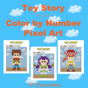 Puede incluir: Tres hojas imprimibles con arte de píxeles de Toy Story para colorear por números. Cada página muestra una cuadrícula con cuadrados numerados que corresponden a colores específicos, representando personajes pixelados sobre un cielo azul claro.