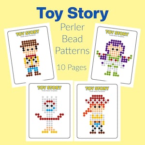 May include: A set of Toy Story Perler bead patterns featuring 10 pages of designs. The templates display pixelated characters including a cowboy, a space ranger, a spork-like figure, and a cowgirl, all rendered in colorful circular bead motifs.