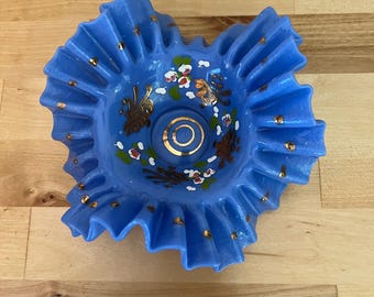 Antique Victorian Blue opaline art glass bowl Bride’s Basket Bowl