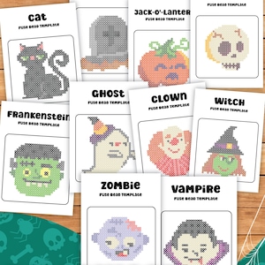 Può includere: Una collezione di modelli di perline a fusione a tema Halloween. I disegni includono un gatto nero, una lapide, una zucca, un teschio, Frankenstein, un fantasma, un clown, una strega, uno zombi e un vampiro. Ogni modello è su una carta bianca con il disegno e la scritta "FUSE BEAD TEMPLATE".