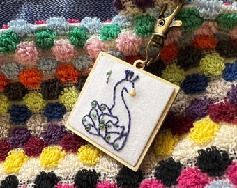 Embroidered Mahjong Keychain Bag Charm Bird Bam Handmade
