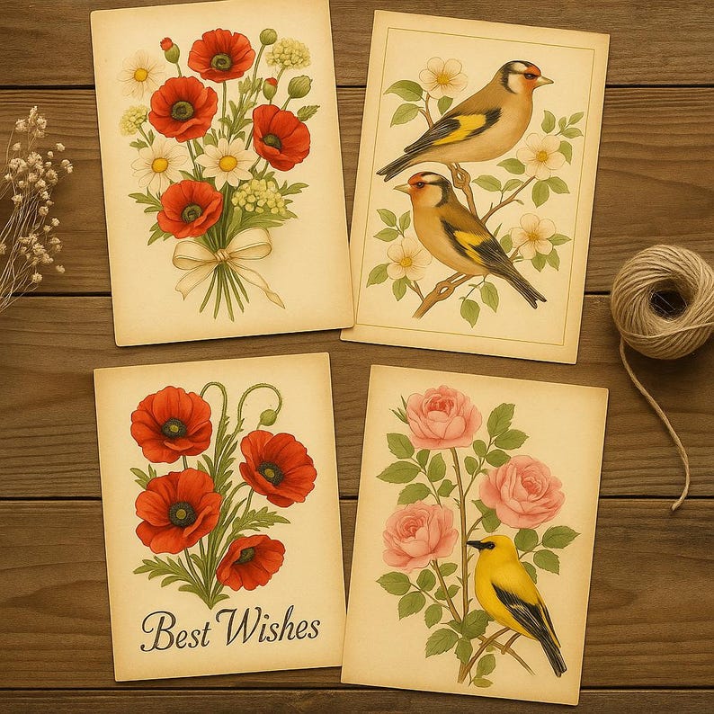 Vintage Botanical Postcard Set Printable Floral and Bird Art Set With ...