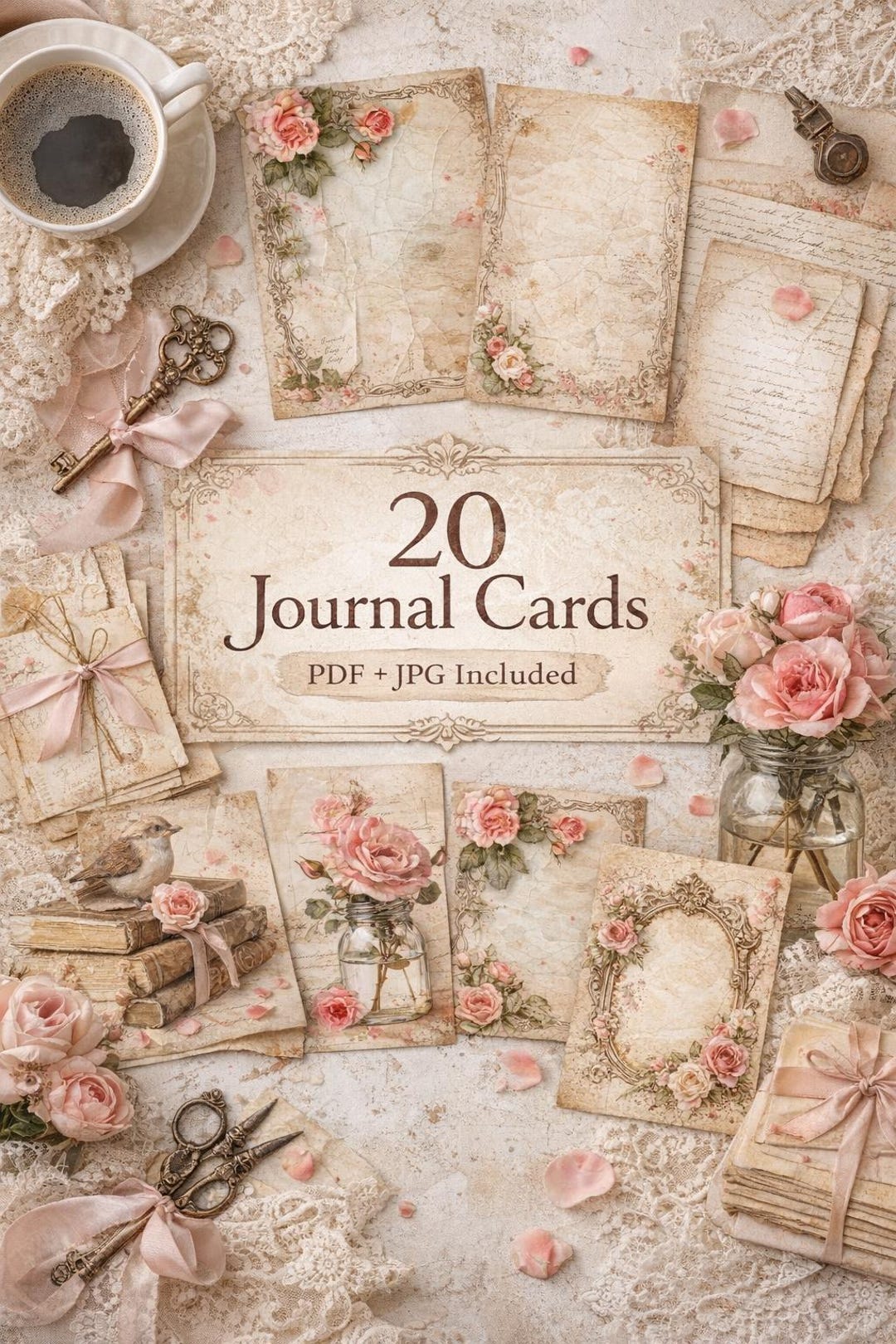 Romantic Rose Journal Cards Printable, Vintage Floral Ephemera, Junk ...