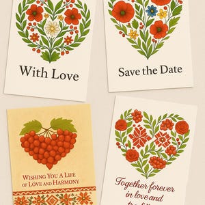 Cartes imprimables pour mariage ukrainien · Cartes postales coeur art folklorique · Téléchargement immédiat