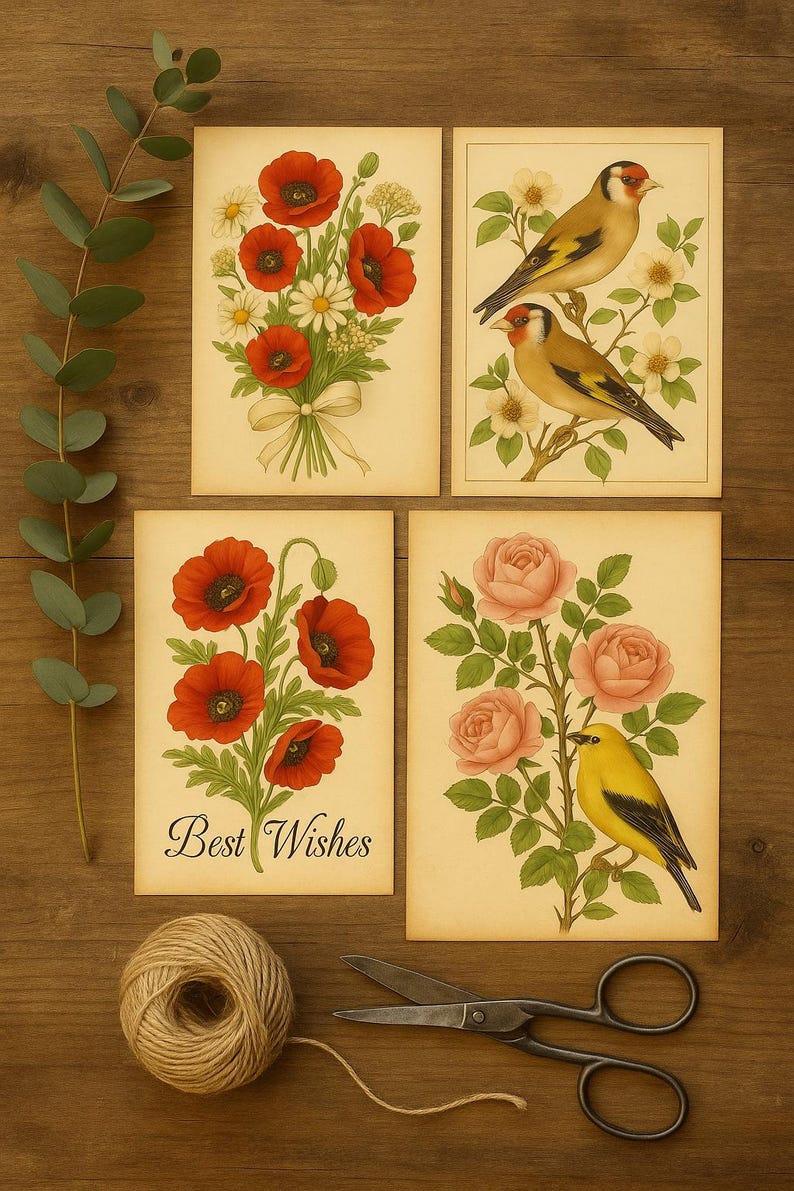 Vintage Botanical Postcard Set Printable Floral and Bird Art Set With ...