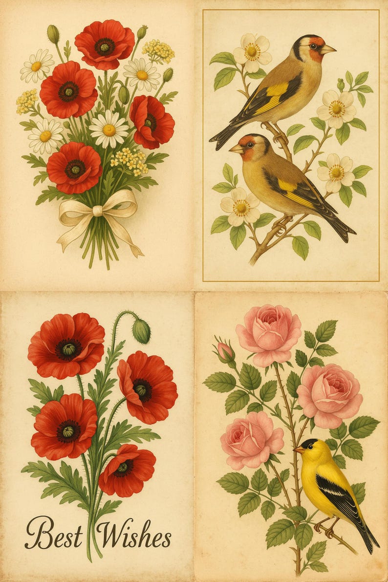 Vintage Botanical Postcard Set Printable Floral and Bird Art Set With ...