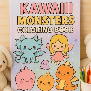 May include: A coloring book titled "KAWAII MONSTERS COLORING BOOK" with illustrations of cute monsters. The cover features a light blue dragon, a fairy, a ghost, and other friendly monster characters. Colored pencils are in a white cup.