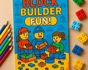 Block Builder Coloring Book – Brick Style Coloring Pages for Kids, Printable Building Blocks Activity Book with Characters and Vehicles