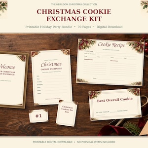 Pode incluir: Um kit de troca de biscoitos de Natal com um pacote imprimível de 70 páginas para festas. O conjunto inclui um sinal de boas-vindas, convite, cartão de receita, cartão de votação e etiquetas com bordas botânicas e texto vermelho.
