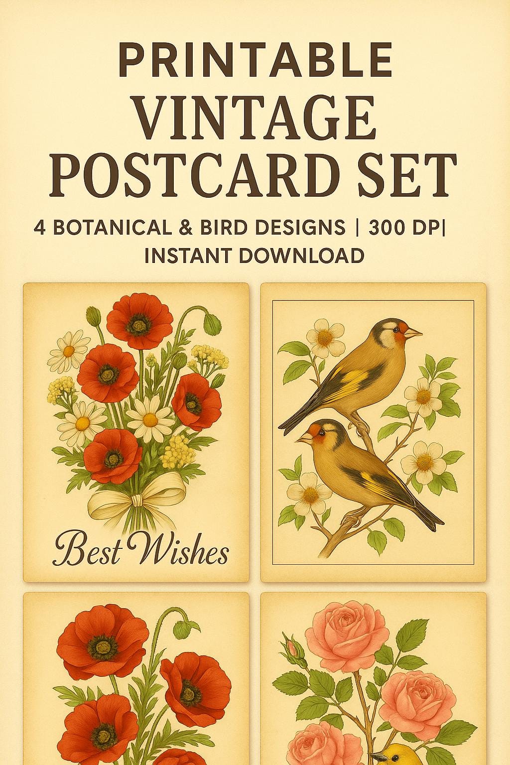 Vintage Botanical Postcard Set Printable Floral and Bird Art Set With ...