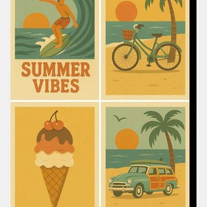 Cartoline Summer Vibes / 4 cartoline vintage stampabili / Gelato, surf e bicicletta retrò / 5 x 7 in JPG