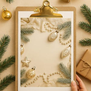 Pode incluir: Uma composição festiva com tema natalino, apresentando uma prancheta de madeira com uma inserção de papel branco, adornada com enfeites, pérolas e galhos de sempre-viva. Bolas douradas e prateadas, uma estrela e uma vela acesa contribuem para o ambiente festivo. Um presente embrulhado também está presente.