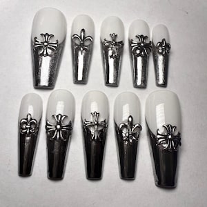 Chrome Hearts Inspired Press-On Nails | White & Silver Gothic Nails with 3D Cross Charms | Luxury Handmade False Nails | Reusable Nail Set
