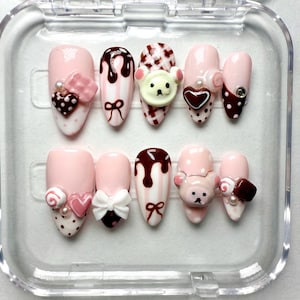 Neapolitan Ice Cream Press Ons Handmade | 3D Teddy Bear, Chocolate Drips, Plaid & Pearl Charms | Kawaii French Tip Nails