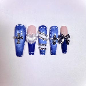 Y2K Denim Chrome Hearts Press-On Nails | Bling BB Belt & Pearl Accent Set | 3D Luxury Nail Art | Custom Handmade Nails