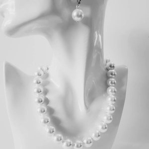 Set of Pearl- 14mm White Dangle Pearl Earrings, White Pearl Necklace, South Sea Shell Pearl Necklace, White Pearl, Wedding Pearl, Weddings