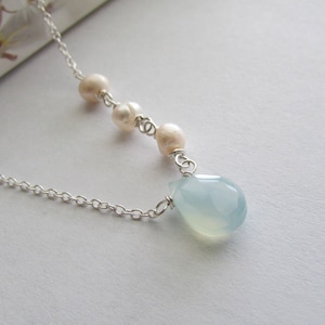 Aqua Blue Faceted Oval Gemstone Necklace,Aqua Blue Chalcedony,White Pearl Necklace,Freshwater Pearl Necklace,Sterling Silver Necklace