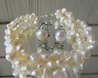 Set of Pearl-Leaf  Pearl Earrings,White Pearl Bracelet Pearl,Bracelet Bridal Gift 5 Rows of Pearl Bracelet Wedding Gift Wedding Pearl