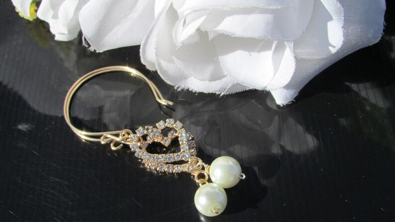 Gold Earrings,Pearl Earrings,Bridal,Rhinestone,Dangle Earrings,Bridal Gift,Wedding Gift,Birthday Gift,White Pearl Earrings image 3