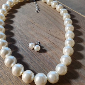 Set of Pearl-14mm White Pearl Necklace, South Sea Shell Pearl Necklace, Freshwater Pearl, White Pearl Earrings, White Pearl Necklace