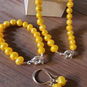 Set of Pearl- Yellow/ Orange Pearl Necklace, Yellow Pearl Earring, Orange/Yellow Pearl Bracelet, Potato Pearl, Freshwater Pearl, Weddings