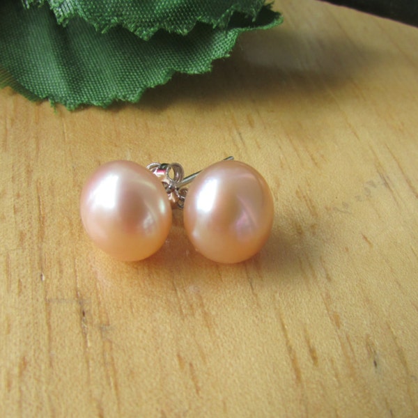 Peach Pearl Earrings,Bridal Gift,Wedding Gift,Bridal Gift,Bridesmaid Gift,Potato Peach Fresh Water Pearl Sterling Silver Stud Earrings