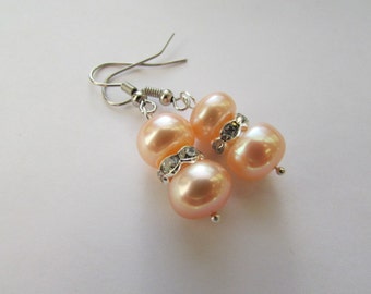 Buy 4 Get 1 Free- AA Potato Natural Peach Fresh Water Pearl with Crystal Silver Rhinestone Silver Dangle Earrings