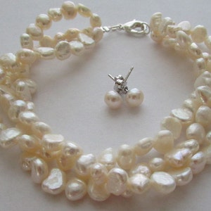 Set of Pearl, Pearl Earrings,Pearl Bracelet,White Pearl,Gift,Bridesmaid Gift,White Fresh Water, White Pearl Bracelet image 5