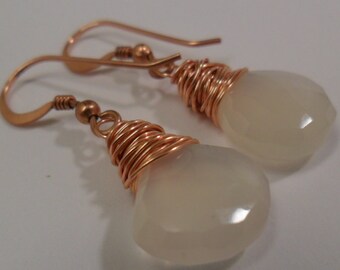 Beautiful AAA Light Grey Teardrop Chalcedony in Copper Earrings-FREE SHIPPING