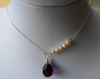 Ready to ship- Beautiful Grape Purple Faceted Teardrop Quartz Glass with White Potato Fresh Water Pearl Sterling silver Necklace