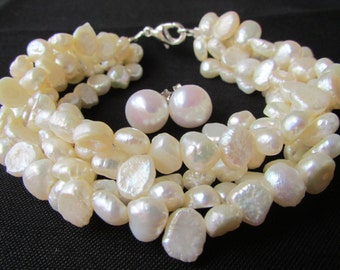 Set of Pearl- White Pearl Bracelet,4 Rows of Pearl Bracelet,Flower Stud Pearl Earrings,Pearl Earrings,White Pearl,Wedding Pearl,Weddings
