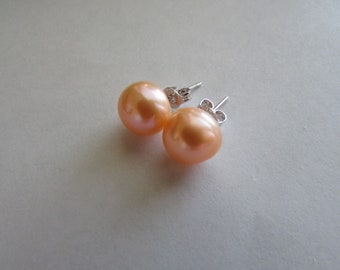 10-11mm Peach Stud Pearl Earrings,Pearl Earrings,Light Peach Earrings,Silver Earrings,Freshwater Pearl,Stud Earrings,Stud pearl Earrings