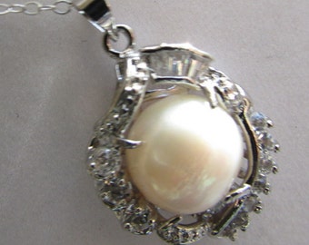 Smooth AA  HUGE Round White Fresh Water Pearl with Crystal Silver Pendant