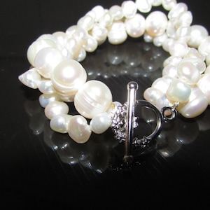 3 Rows of White Fresh Water Pearl Bracelet,Pearl Bracelet,Pearl,Bridal Gift,Bracelet,Silver Pearl Bracelet,Bridal Gift