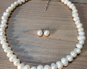 Set of Pearl- Pearl Earrings, Pearl Necklace, Freshwater Pearl, White Pearl, White Pearl Earrings, Stud Pearl Earrings, Wedding Pearl, Pearl