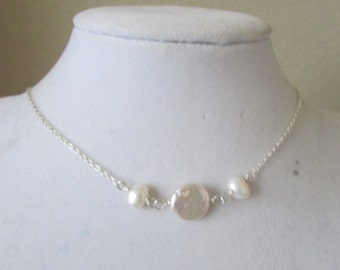 Floating White Coin Fresh Water Pearl Necklace, Coin Pearl Necklace