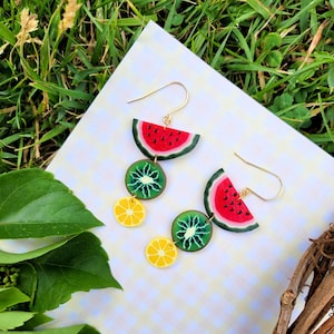 Colorful Fruit Dangle Earrings, Watermelon Kiwi Lemon Polymer Clay Earrings, Summer Statement Jewelry, Handcrafted Fruit Earrings for Summer