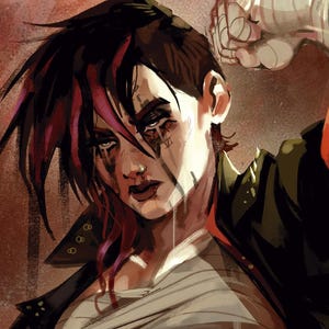 Könnte beinhalten: Digitaler Kunstdruck einer Person mit kurzen, dunklen Haaren mit roten Highlights, die eine schwarze Jacke mit rotem Besatz und ein graues Oberteil trägt. Die Person hat einen bandagierten Arm und beugt sich. Der Text "NITTZESHOP.ETSY.COM" steht unten.