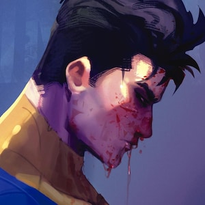Puede incluir: Impresión de arte digital de un superhéroe con un traje amarillo y azul, con sangre en la cara y el pecho. La URL de la tienda Etsy está impresa en la parte inferior. El personaje está en una pose pensativa.