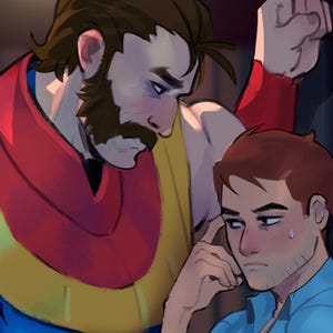 Puede incluir: Ilustración digital de dos figuras, una con un disfraz de superhéroe rojo, amarillo y azul, y la otra con una camisa azul. La imagen incluye el texto "NITZESHOP.ETSY.COM".