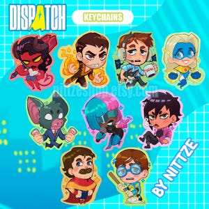 May include: A collection of colorful cartoon character keychains. The keychains feature various designs, including a devil, a character with flames, a person with headphones and a dog, and a superhero. The word "DISPATCH" is at the top.