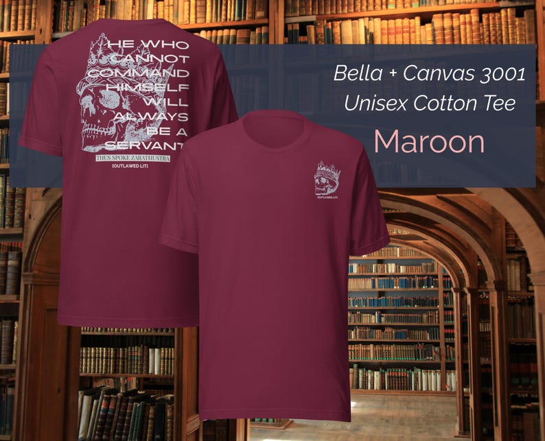 K&ouml;nnte beinhalten: Unisex-T-Shirt aus maroonfarbener Baumwolle. Auf der R&uuml;ckseite des Shirts befindet sich eine wei&szlig;e Grafik eines Sch&auml;dels mit Krone und dem Text "HE WHO CANNOT COMMAND HIMSELF WILL ALWAYS BE A SERVANT". Auf der Vorderseite des Shirts befindet sich eine kleinere Sch&auml;delgrafik.