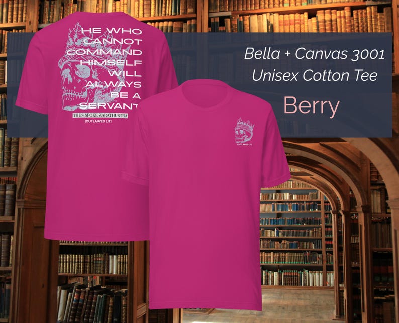 K&ouml;nnte beinhalten: Beerenfarbenes Unisex-Baumwoll-T-Shirt. Auf der R&uuml;ckseite des Shirts befindet sich eine wei&szlig;e Grafik eines Sch&auml;dels mit Krone und dem Text "HE WHO CANNOT COMMAND HIMSELF WILL ALWAYS BE A SERVANT". Auf der Vorderseite des Shirts befindet sich eine kleinere Version der Grafik.