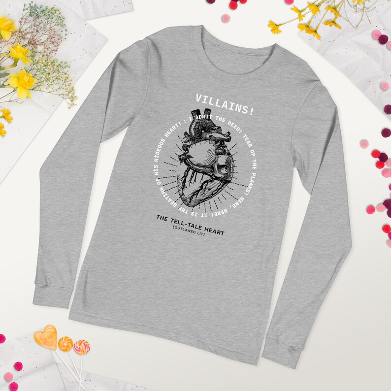 Edgar Allan Poe T-shirt | Det avslöjande hjärtat citat | Unisex långärmad T-shirt | T-shirt med förbjudna böcker | Bokliknande gåva | Anatomisk hjärtgrafik Athletic Heather