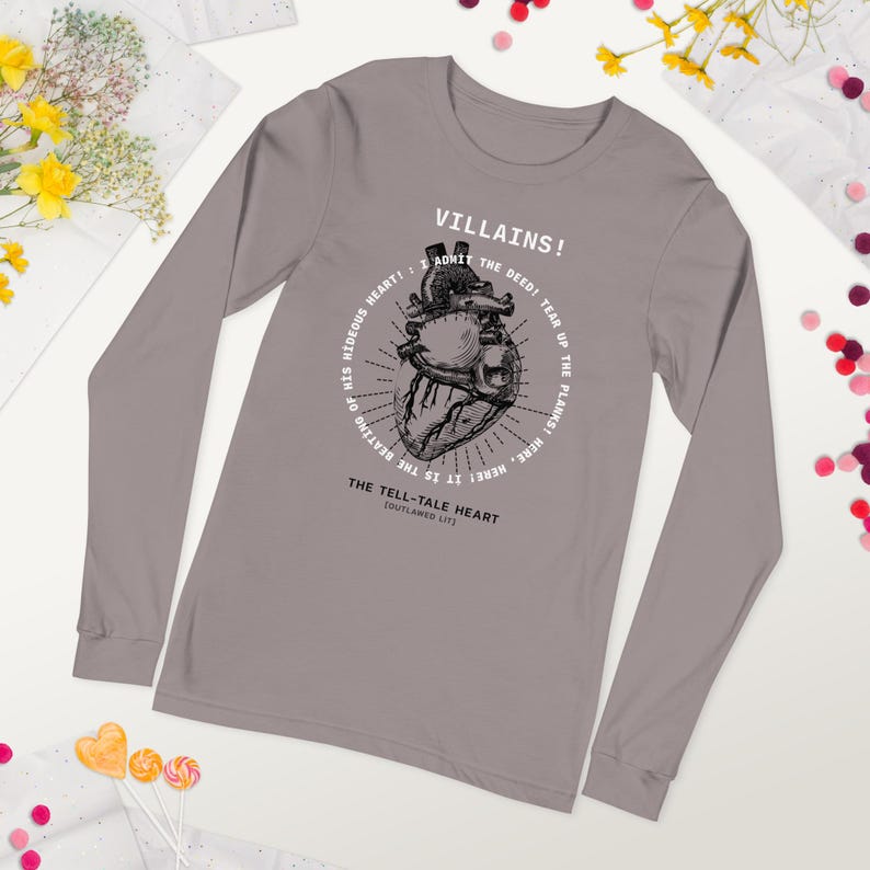 Edgar Allan Poe T-shirt | Det avslöjande hjärtat citat | Unisex långärmad T-shirt | T-shirt med förbjudna böcker | Bokliknande gåva | Anatomisk hjärtgrafik Storm